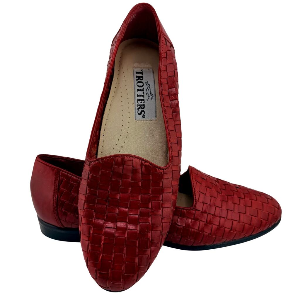Trotters Lizette Preppy Red Leather Basket Weave Slip On Women's Flats Size 7
